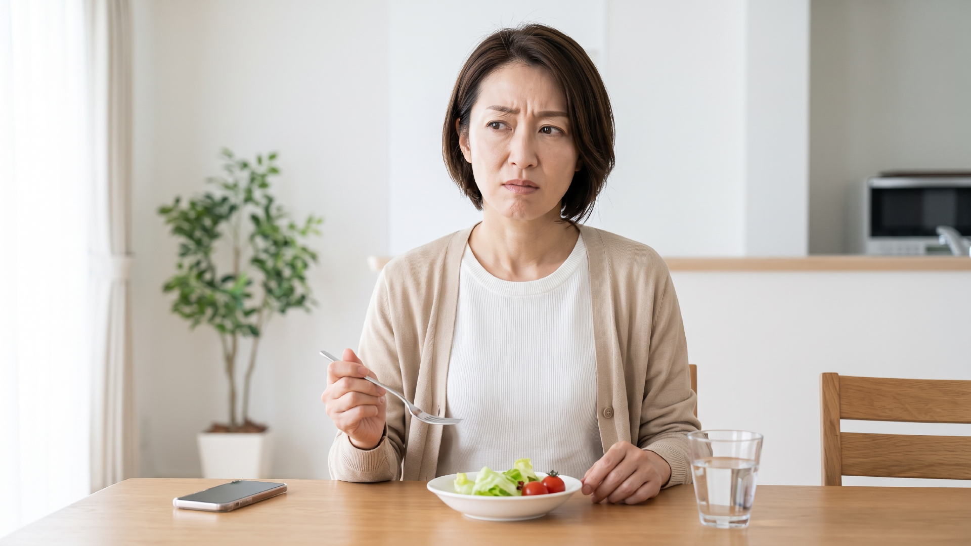 40代女性が食事制限をしても痩せない体型の変化に悩む様子
